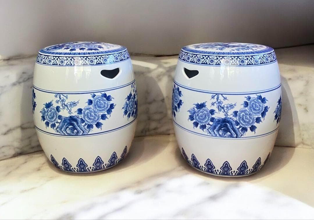 2個★シノワズリスタイルの陶器製ガーデンスツール　高さ40cm　座面直径29cm