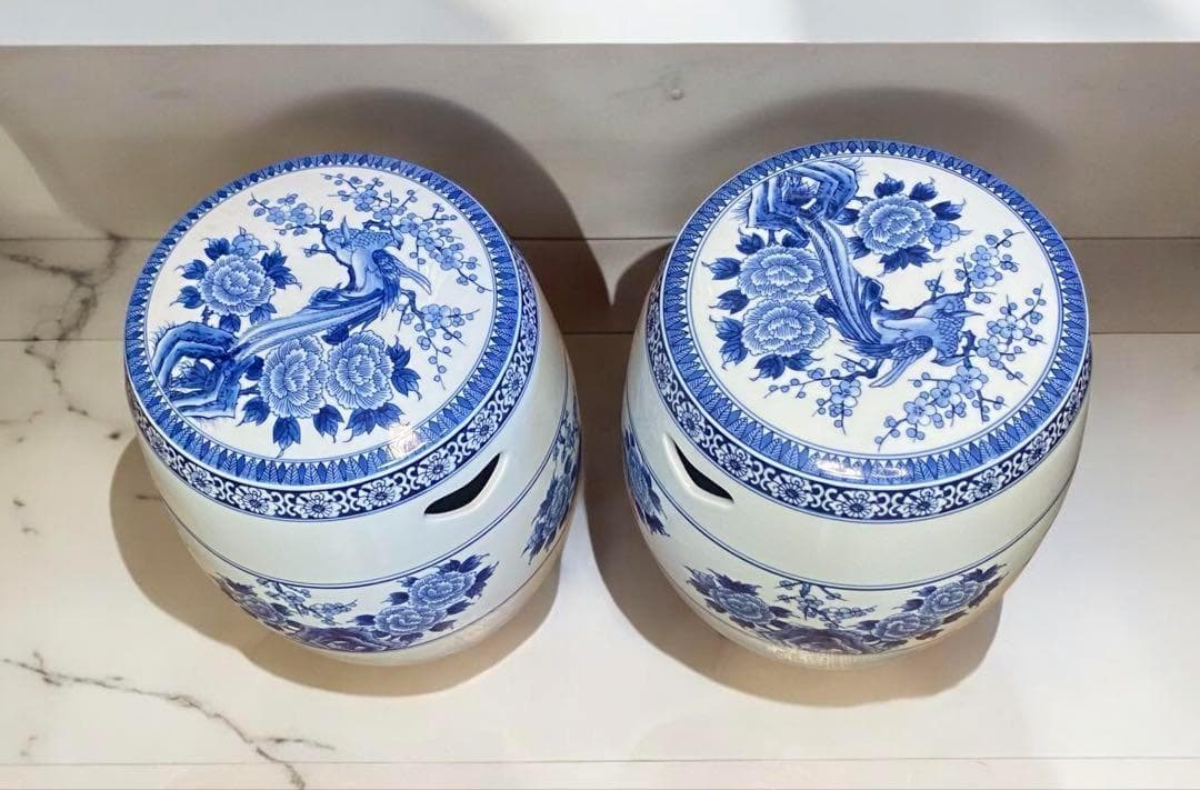 2個★シノワズリスタイルの陶器製ガーデンスツール　高さ40cm　座面直径29cm