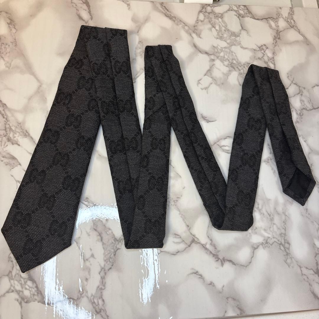 【箱付き】GUCCI ネクタイ　GG柄　ウール　現行タグ　グレー　ブラック