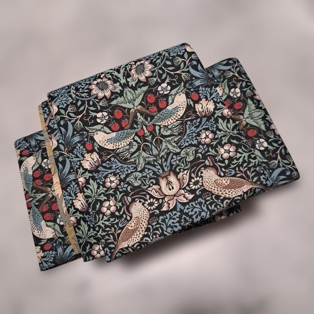 半幅帯　長尺　ウィリアムモリス　いちご泥棒　エメラルド×アネモネ　リバーシブル