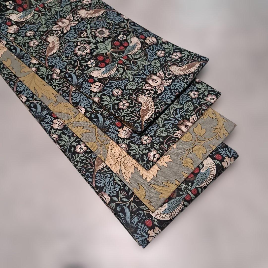 半幅帯　長尺　ウィリアムモリス　いちご泥棒　エメラルド×アネモネ　リバーシブル