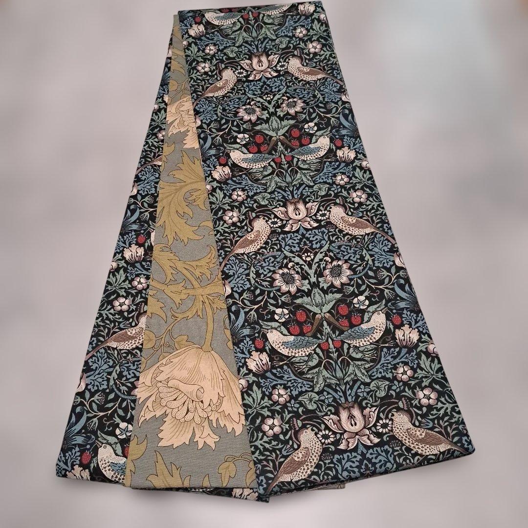 半幅帯　長尺　ウィリアムモリス　いちご泥棒　エメラルド×アネモネ　リバーシブル