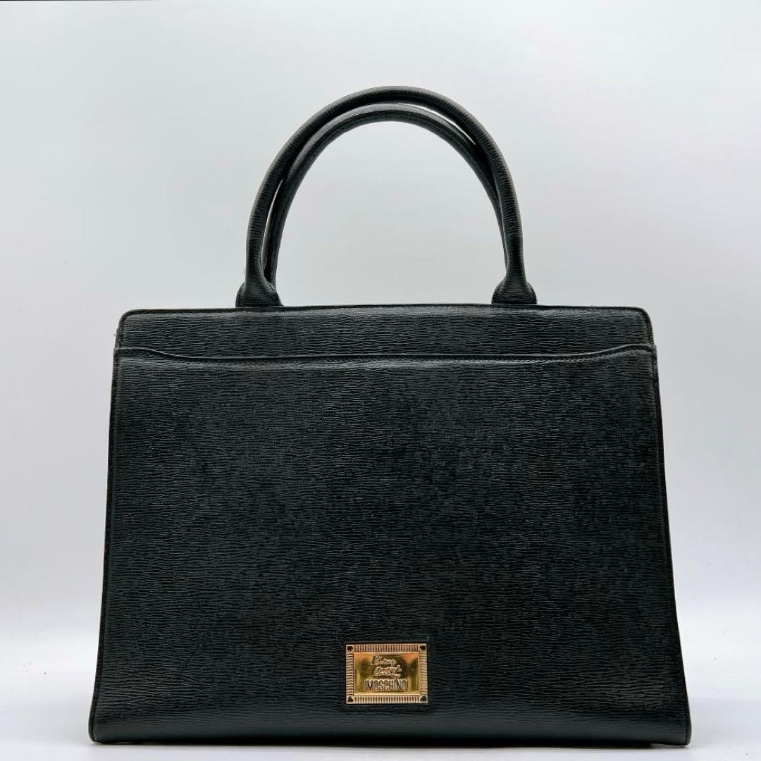 Moschino レザー ロゴプレート トートバッグ ブラック f649