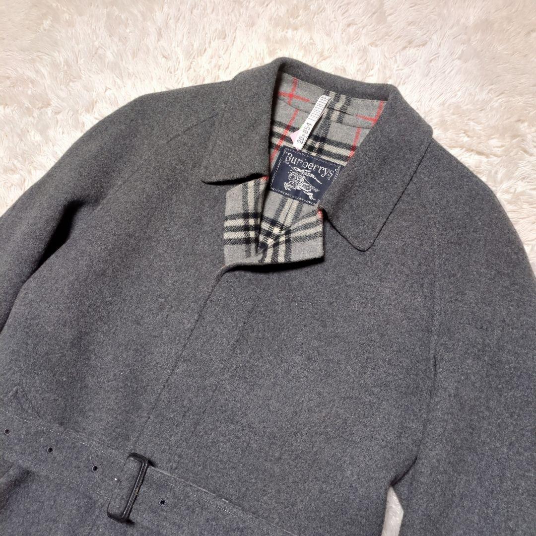 美品！バーバリー　ウールロングコート　L　裏地ノバチェック　グレー　ベルト付き