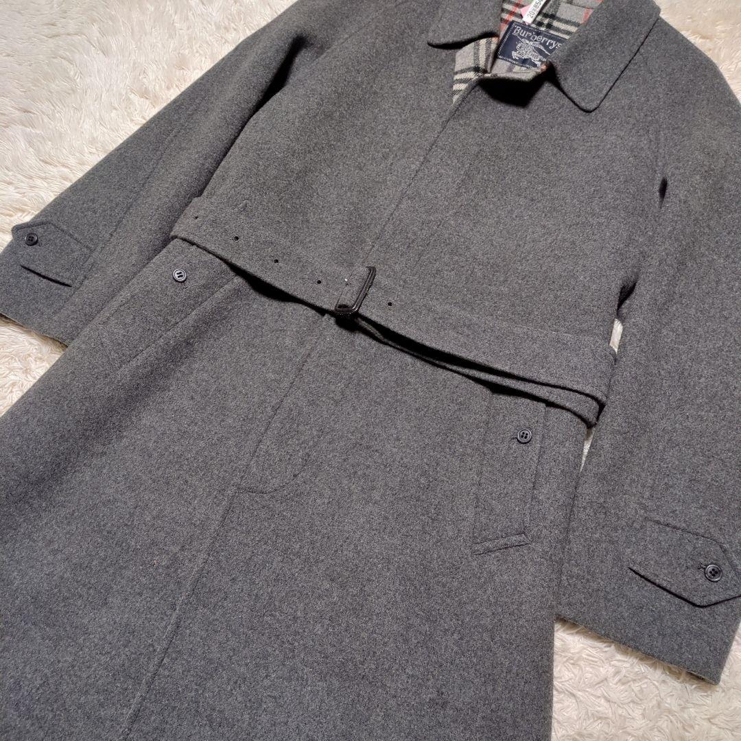 美品！バーバリー　ウールロングコート　L　裏地ノバチェック　グレー　ベルト付き
