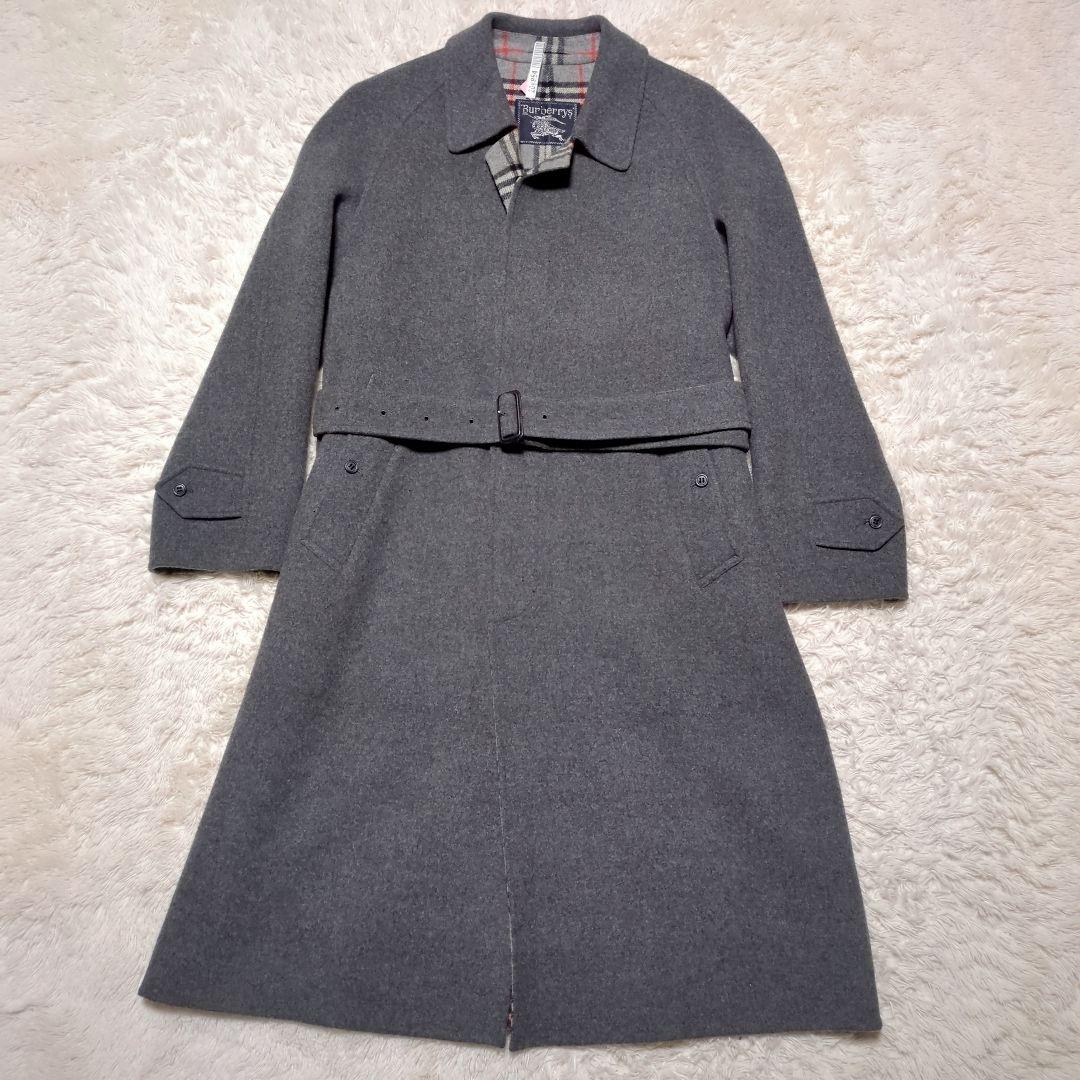 美品！バーバリー　ウールロングコート　L　裏地ノバチェック　グレー　ベルト付き