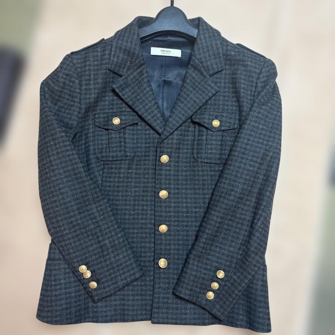 PRADA ダークカーキ チェック柄 テーラードジャケット