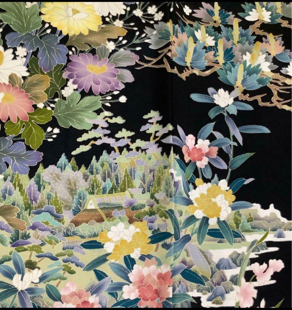 正絹黒留袖　友禅　作家物　風景草花文 裄丈長め 袷