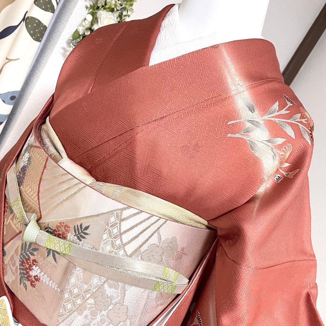 オレンジ　友禅 4点 フルセット 訪問着 入学式 卒業式 入園式 春 秋 冬