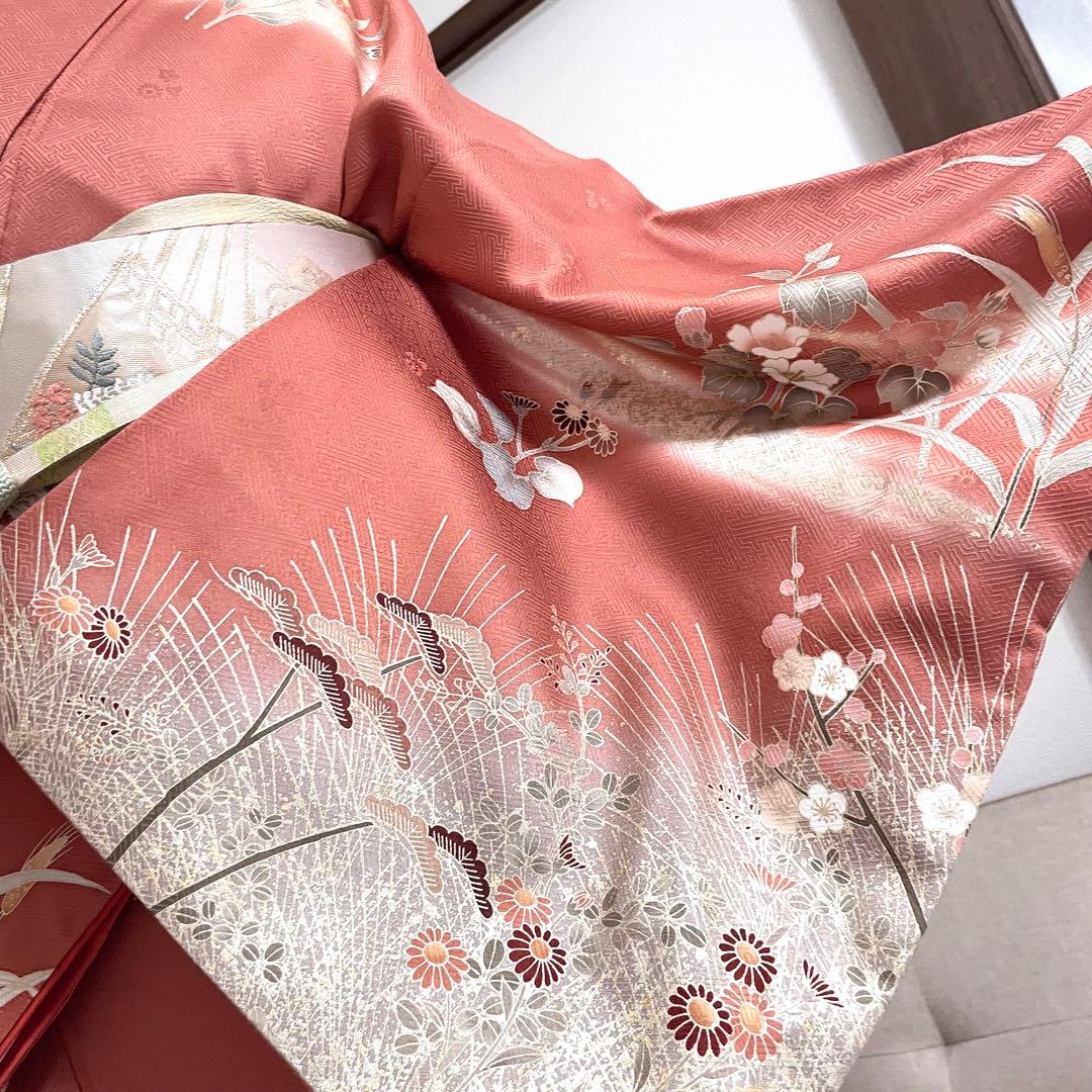 オレンジ　友禅 4点 フルセット 訪問着 入学式 卒業式 入園式 春 秋 冬