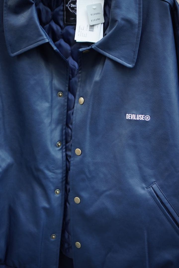 スカイ新品デビルユースPUレザー中綿Varsity JKT navy-XL