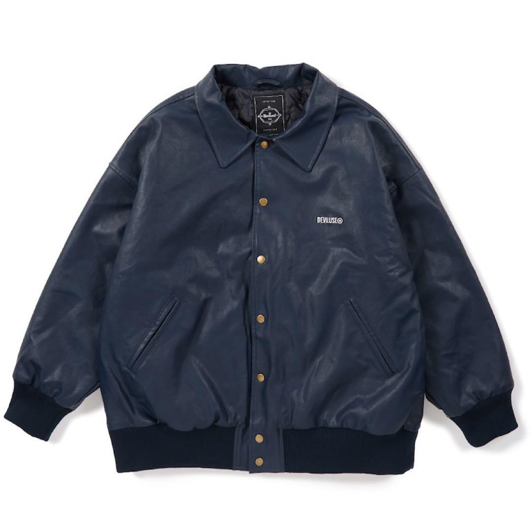 スカイ新品デビルユースPUレザー中綿Varsity JKT navy-XL