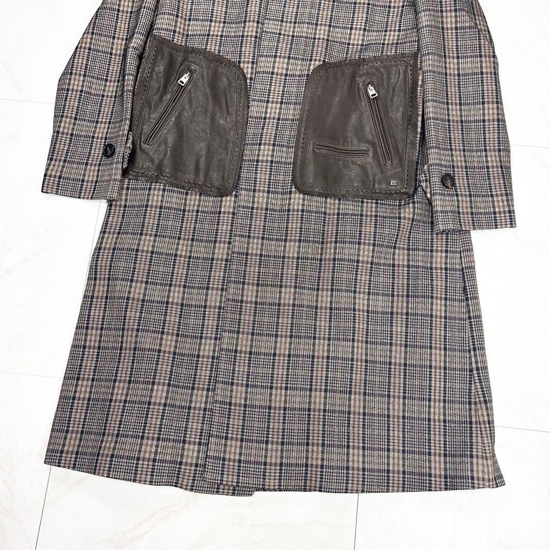 未使用に近い ETRO チェスター レザーポケット 総柄 ロングコート 48