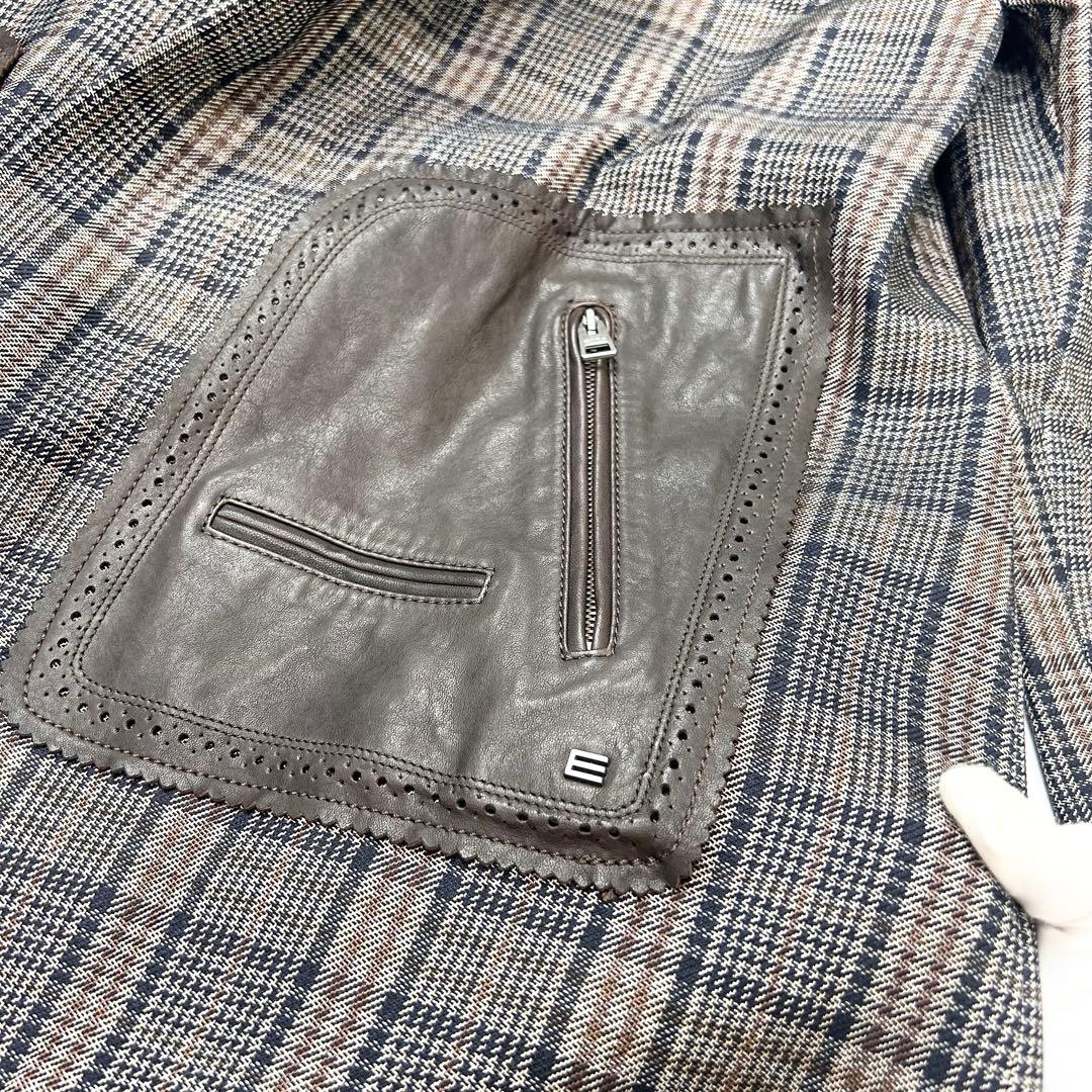 未使用に近い ETRO チェスター レザーポケット 総柄 ロングコート 48