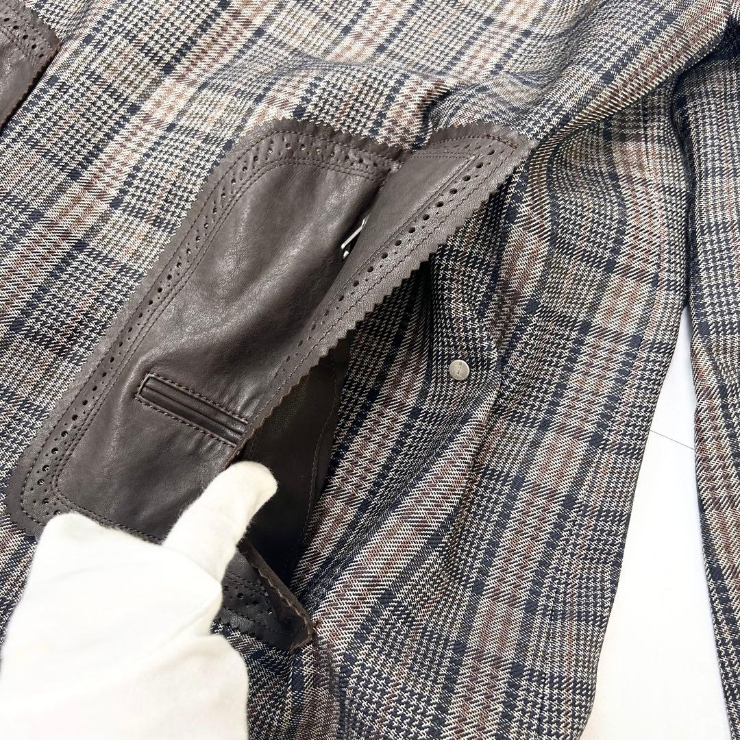 未使用に近い ETRO チェスター レザーポケット 総柄 ロングコート 48