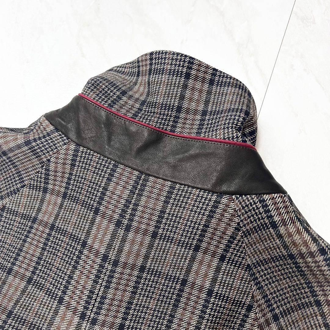 未使用に近い ETRO チェスター レザーポケット 総柄 ロングコート 48