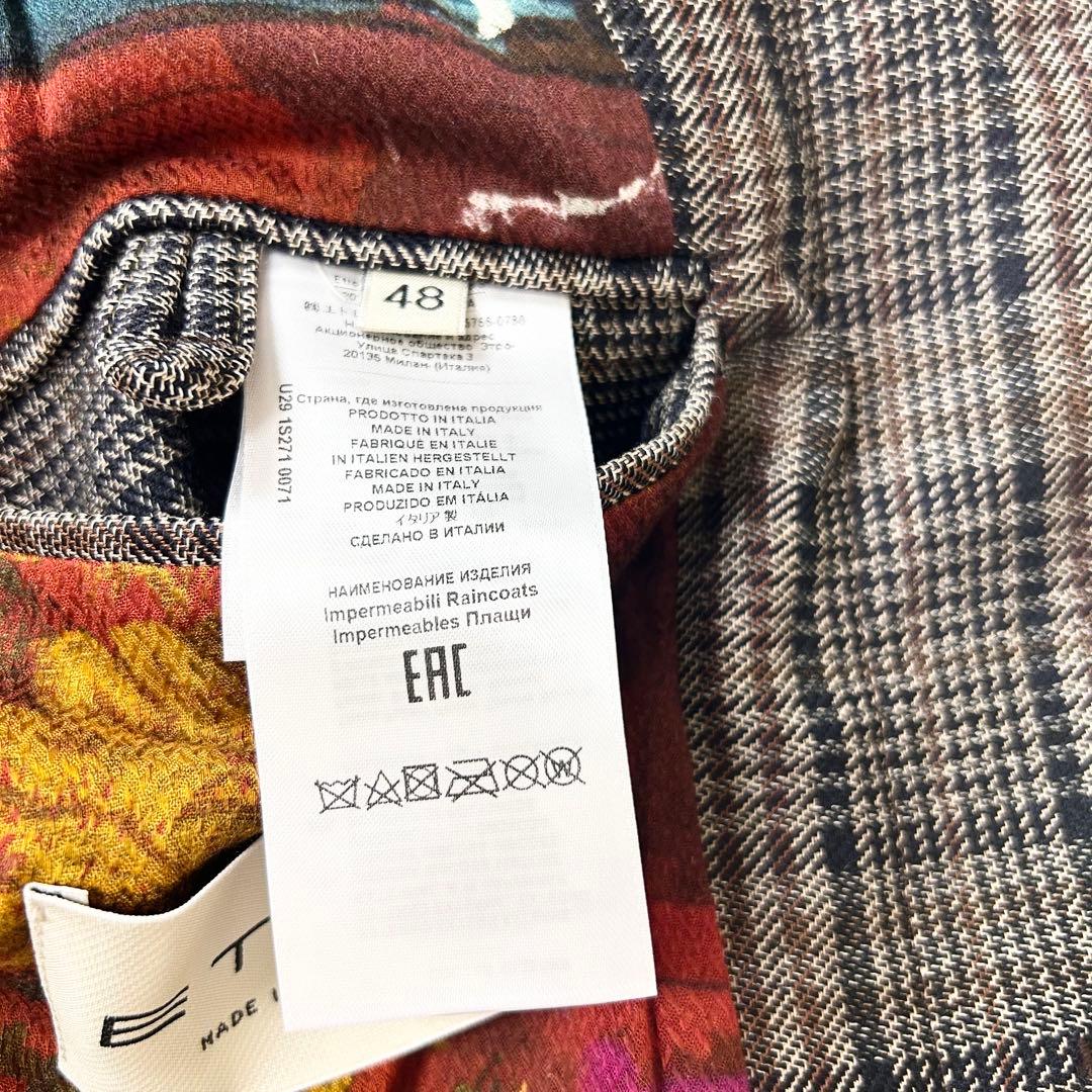 未使用に近い ETRO チェスター レザーポケット 総柄 ロングコート 48