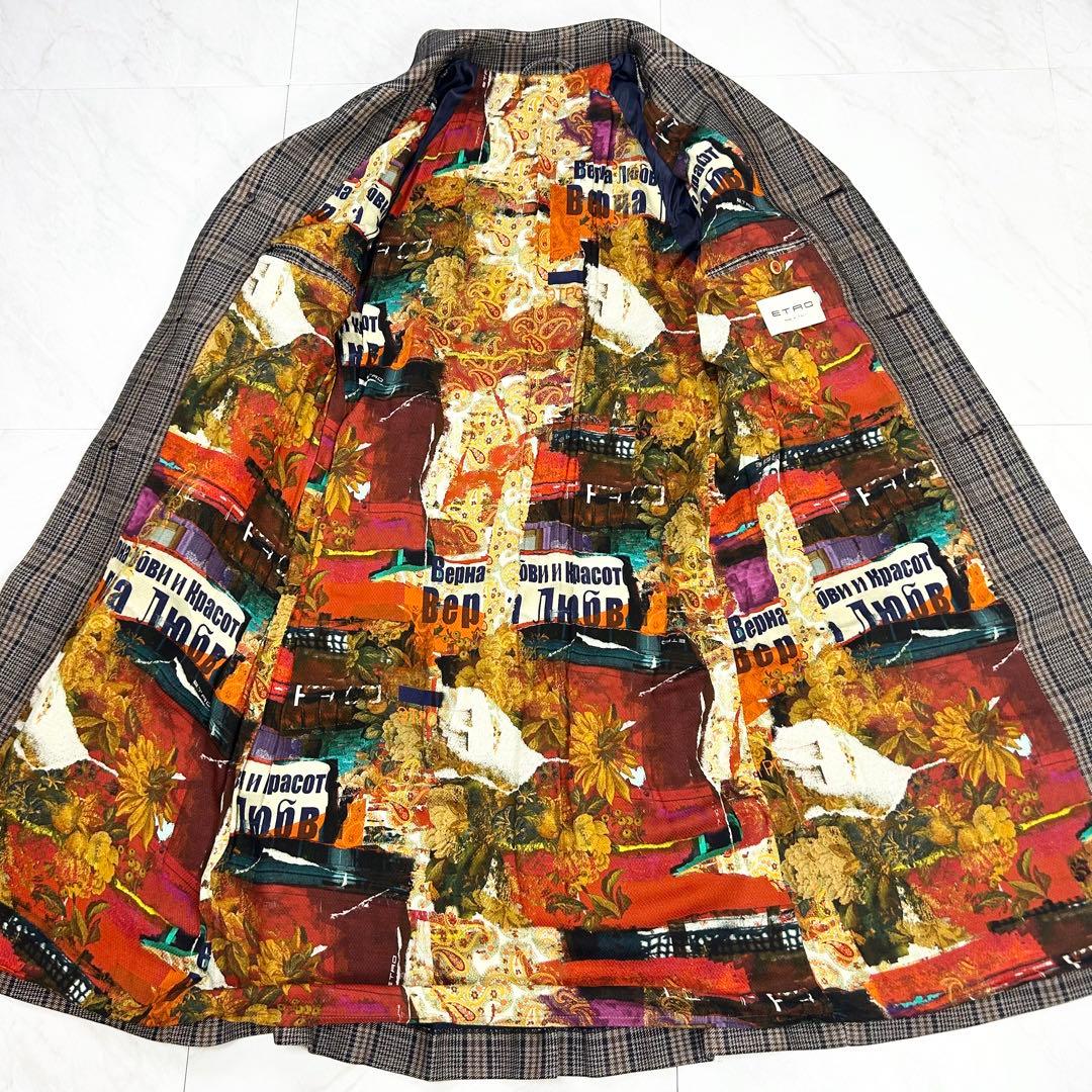 未使用に近い ETRO チェスター レザーポケット 総柄 ロングコート 48