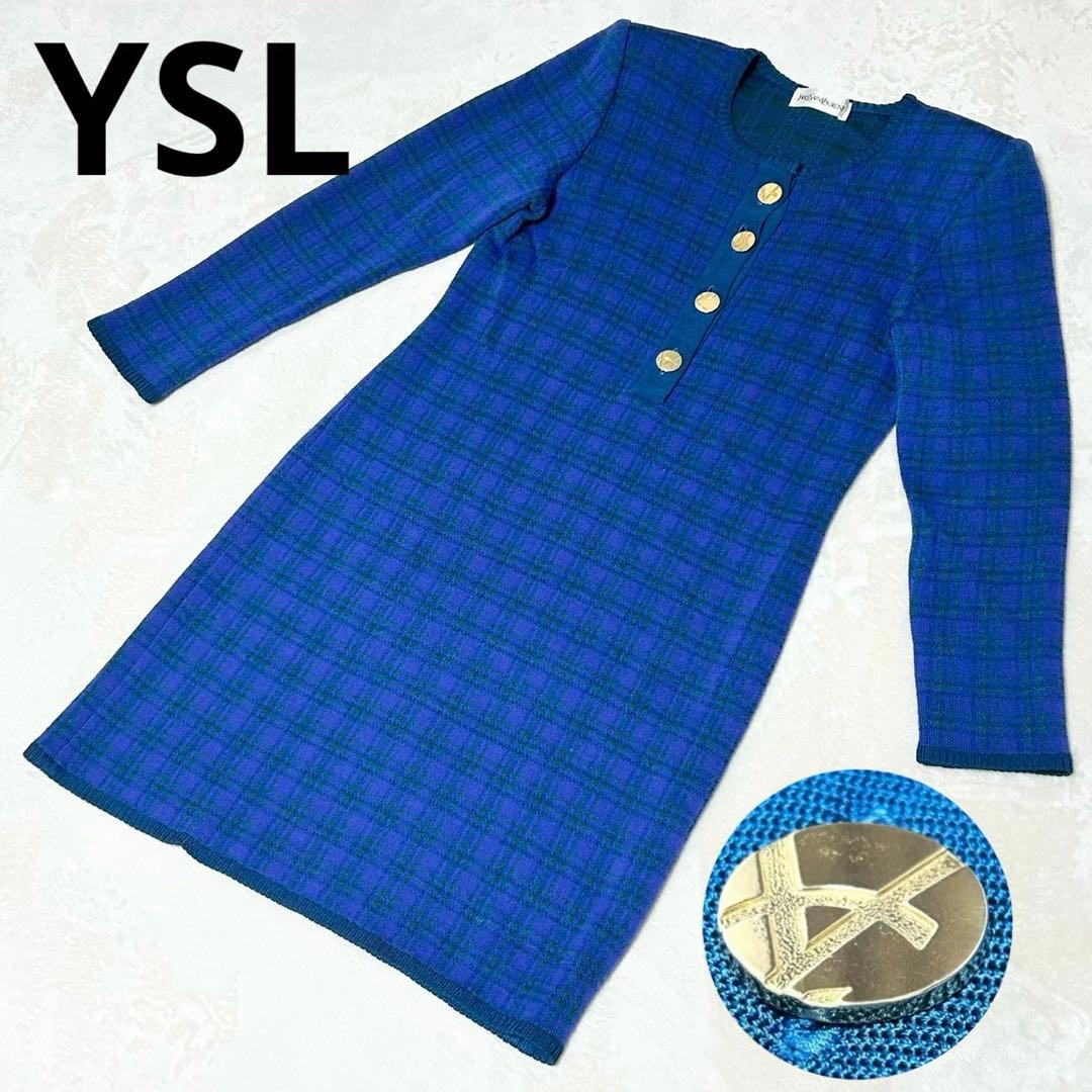★美品★イヴサンローラン　ニットワンピース　金ボタン　カサンドラロゴ　チェック