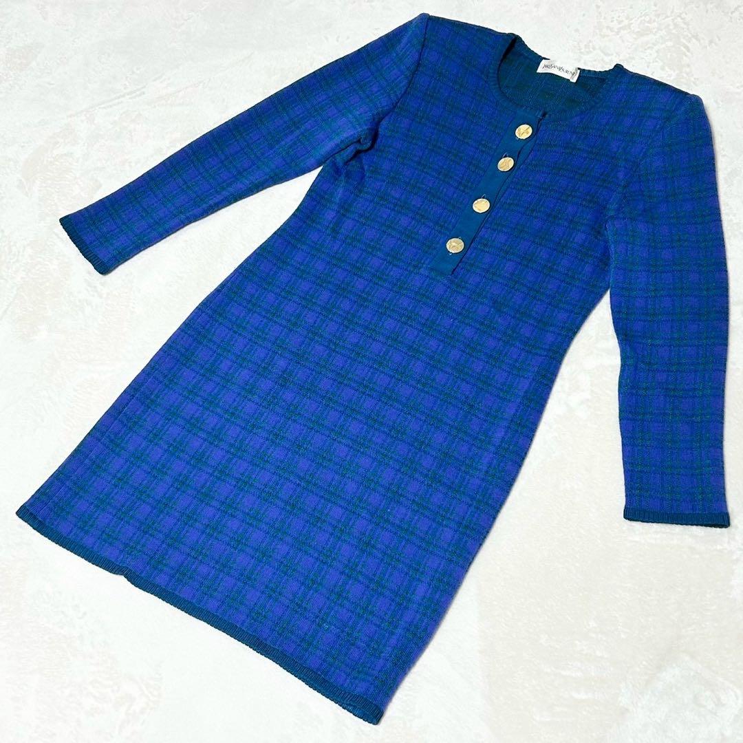 ★美品★イヴサンローラン　ニットワンピース　金ボタン　カサンドラロゴ　チェック