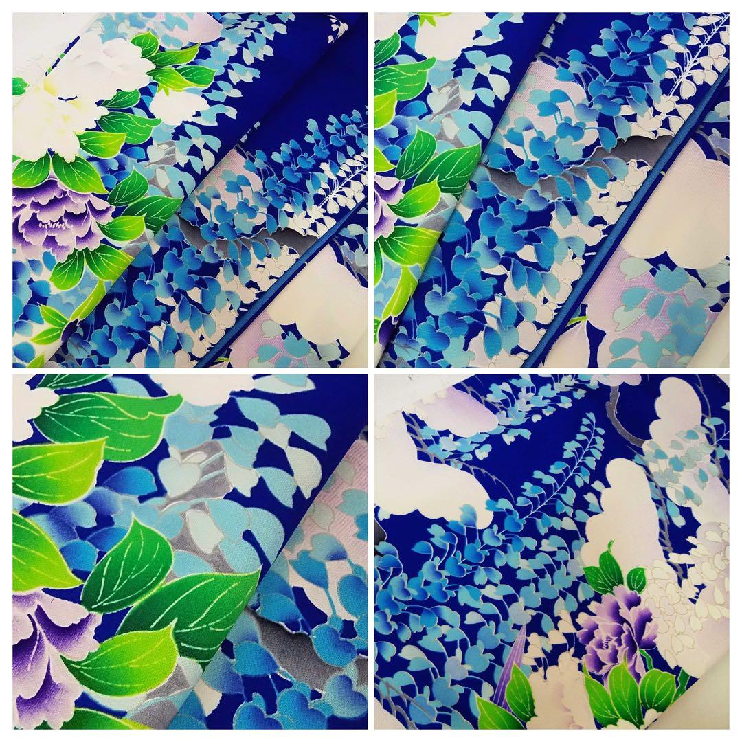 【豪華3点セット】振袖／濃紺地 藤花文様／銀駒刺繍／長襦袢・袋帯付き 晴れの日に