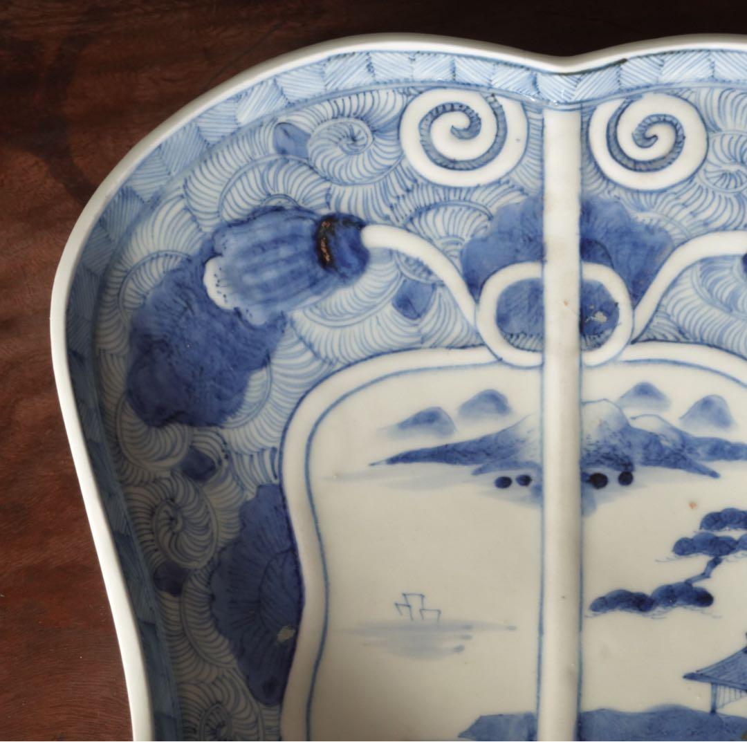 送料無料　江戸時代　後期　古伊万里　染付　山水図　軍配形　大皿　飾皿　希少作品