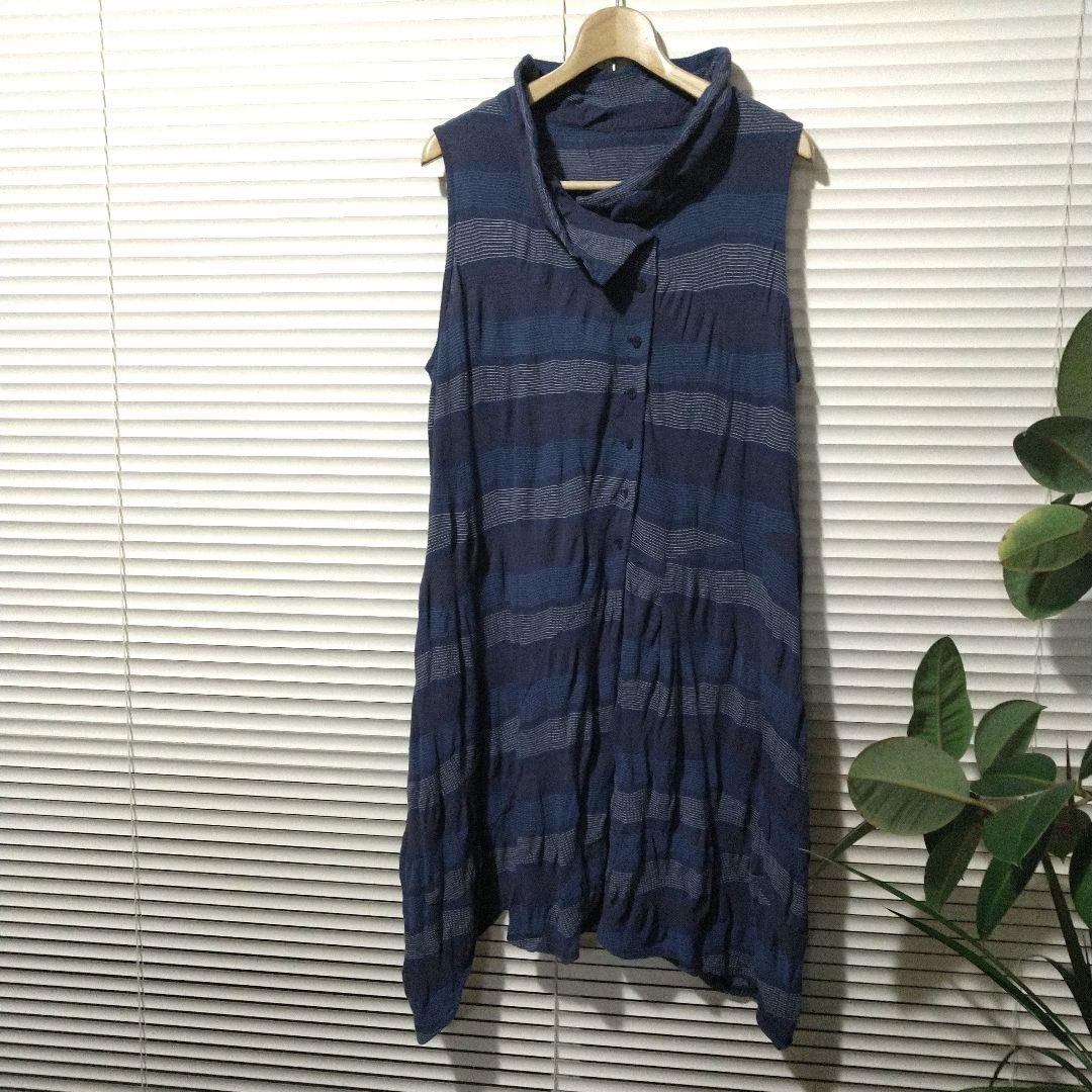 慈雨 変形 ロングジレ　ベスト　チュニック ジャガード織　 ブルー系　L