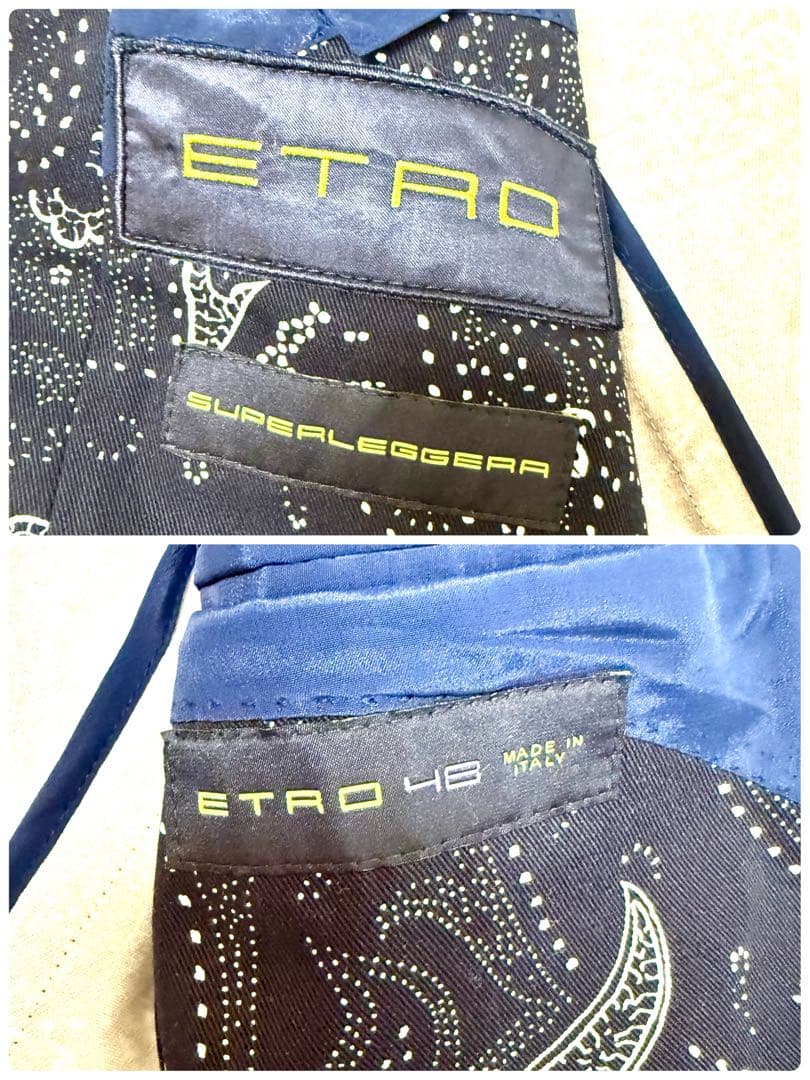 未使用品　エトロ　テーラードジャケット　ペイズリー柄　ネイビー　48 コットン