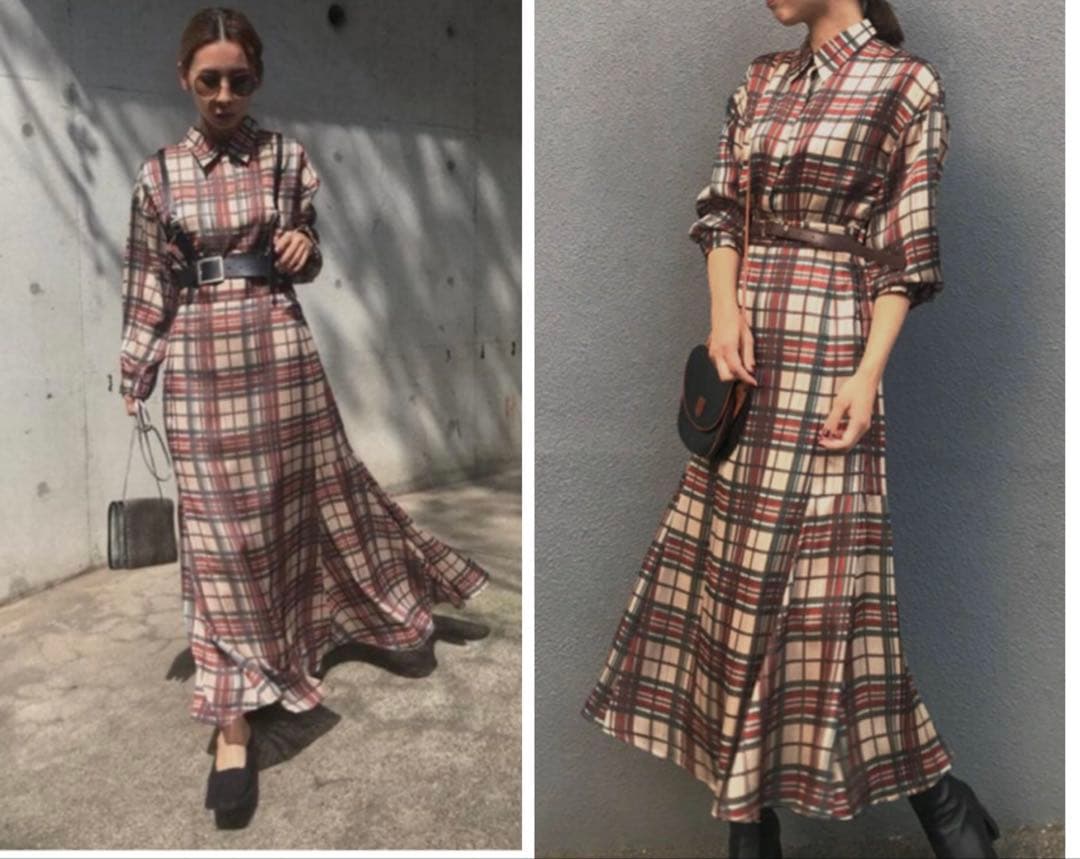 AMERI 夏帆さん着用　チェック　フレア　ロングワンピース　長袖　アメリ
