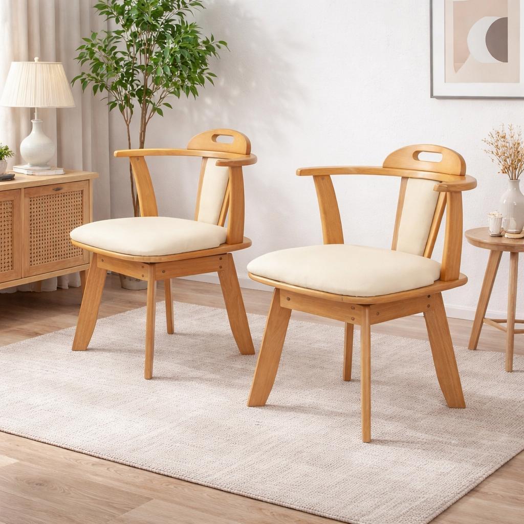 フォロー割【新品】2脚セット 360°回転式天然木ダイニングチェアー 肘掛け付き