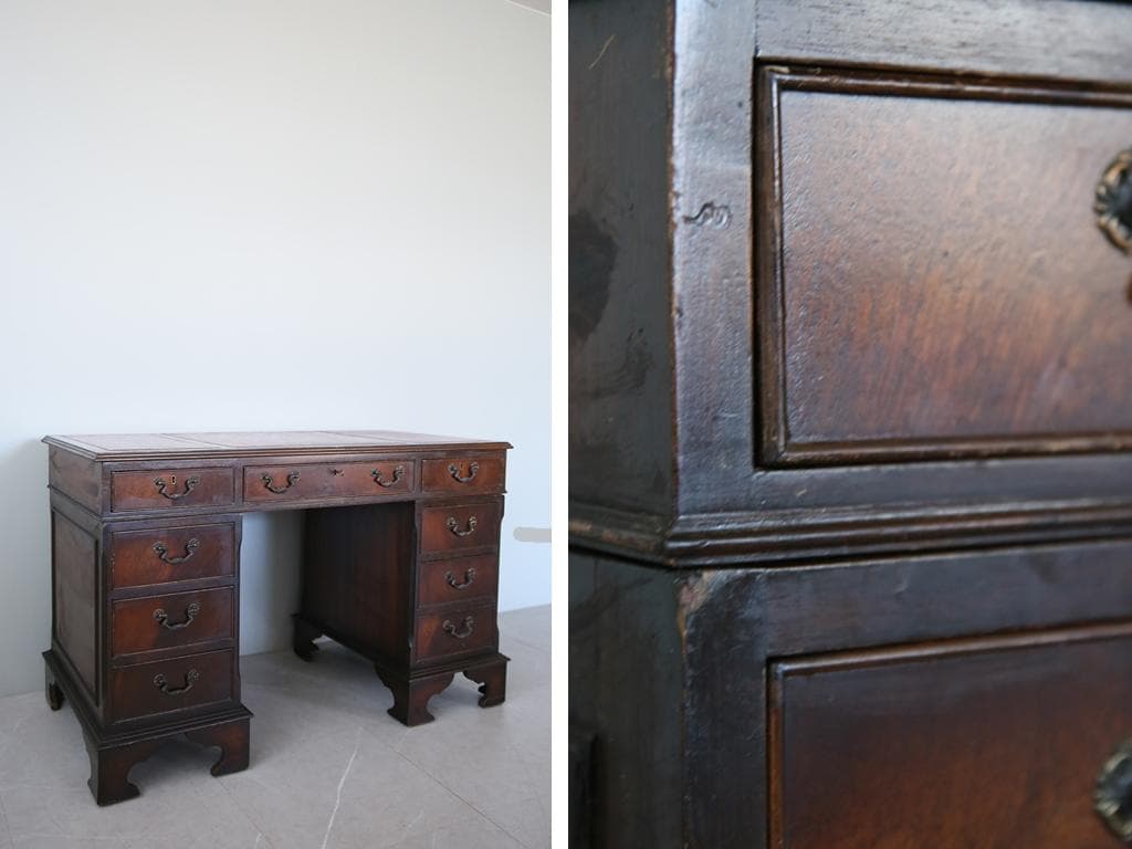 英国アンティーク木製両袖デスク/勉強机/テーブル/飾り棚/オフィス事務89-93