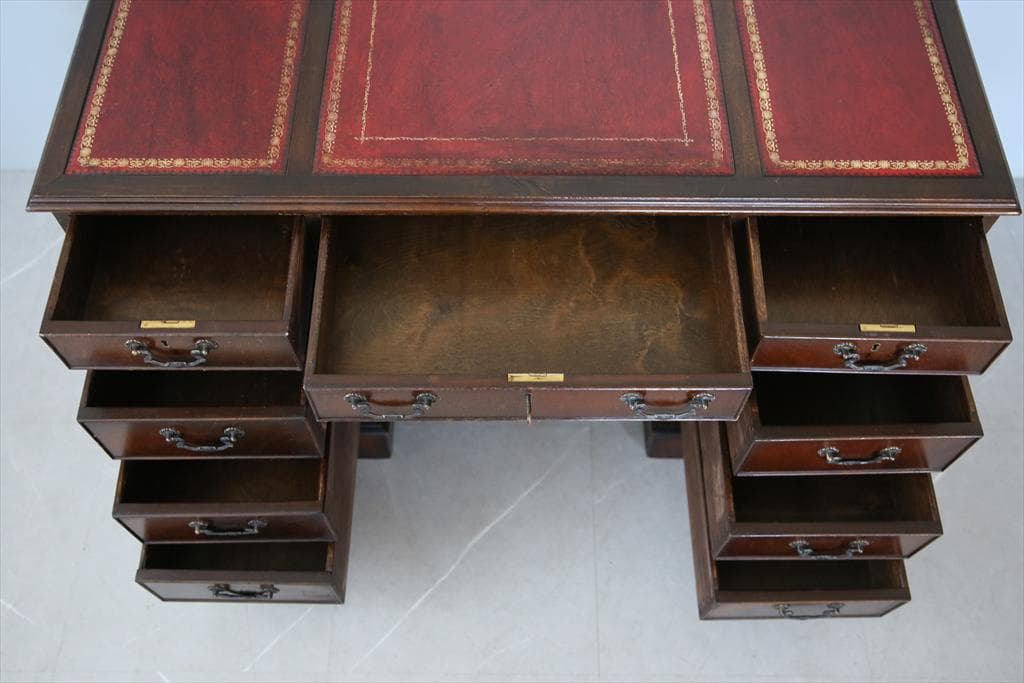 英国アンティーク木製両袖デスク/勉強机/テーブル/飾り棚/オフィス事務89-93