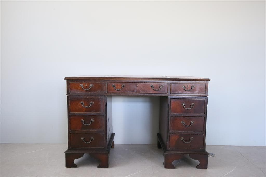 英国アンティーク木製両袖デスク/勉強机/テーブル/飾り棚/オフィス事務89-93