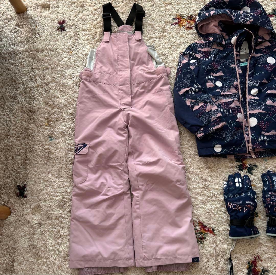 ロキシー　キッズ　スキーウェア　上下　グローブ　猫耳、耳当て付きニット帽　計5点
