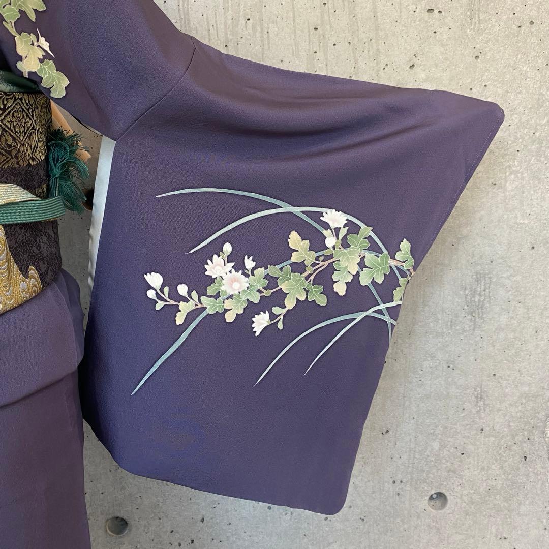 正絹　訪問着　童子柄　落款　一つ紋　紫系　袷