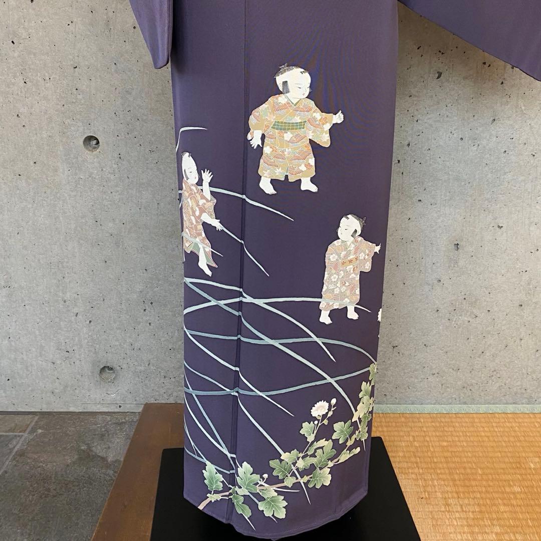 正絹　訪問着　童子柄　落款　一つ紋　紫系　袷