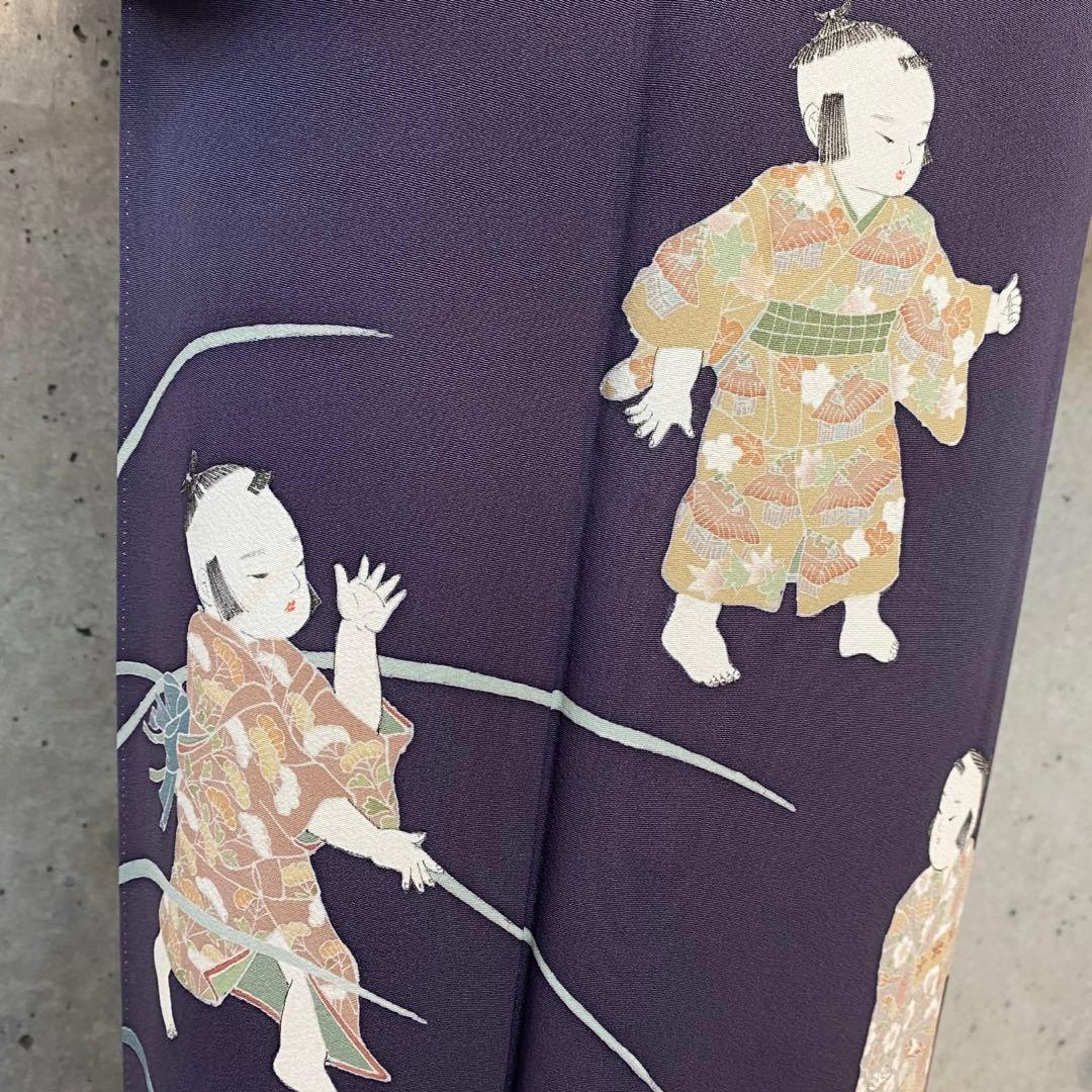 正絹　訪問着　童子柄　落款　一つ紋　紫系　袷
