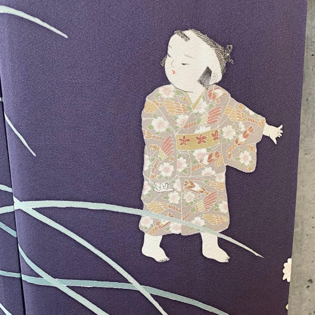 正絹　訪問着　童子柄　落款　一つ紋　紫系　袷