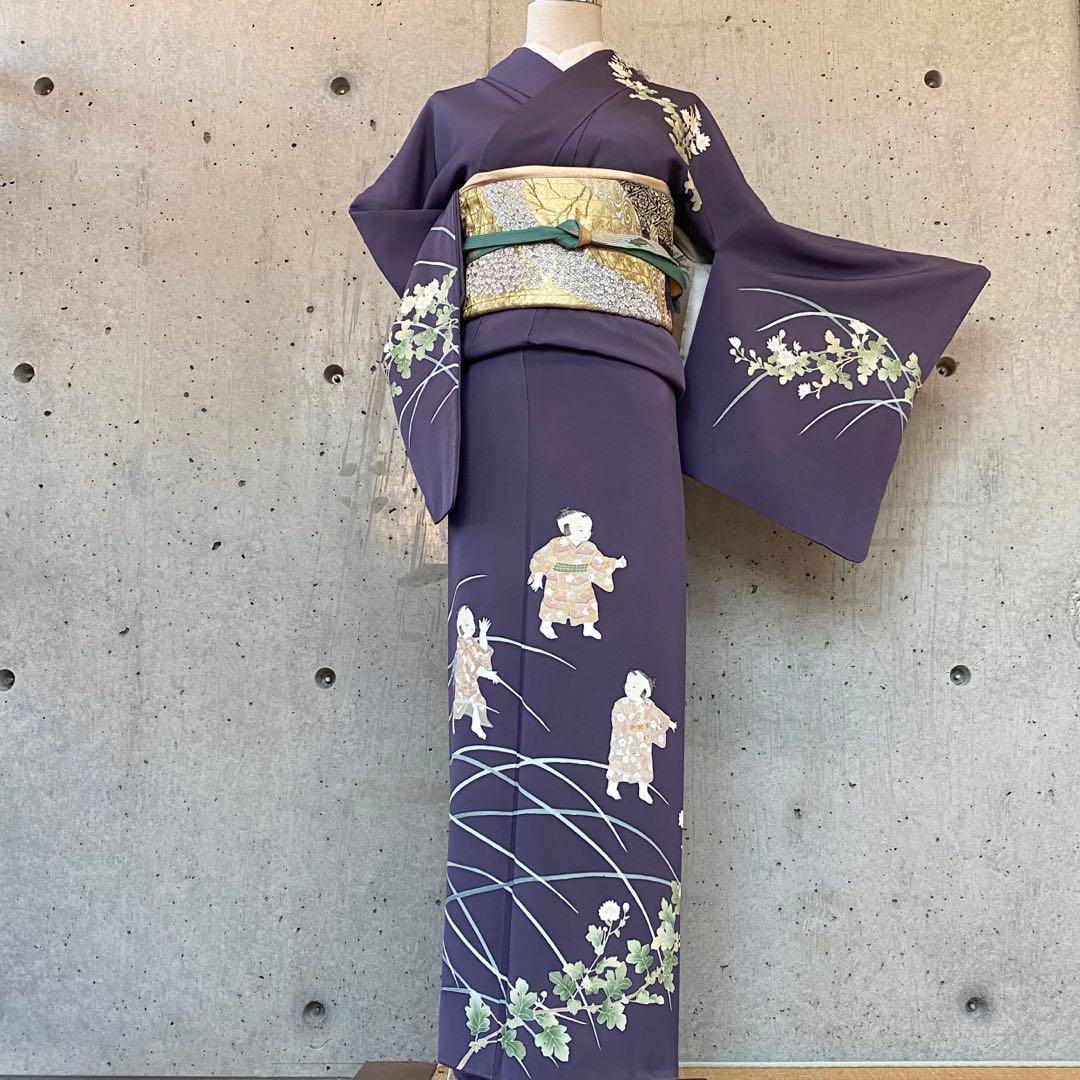 正絹　訪問着　童子柄　落款　一つ紋　紫系　袷