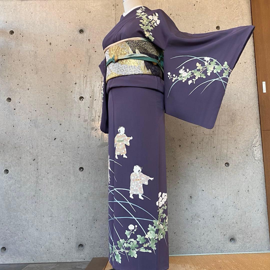 正絹　訪問着　童子柄　落款　一つ紋　紫系　袷