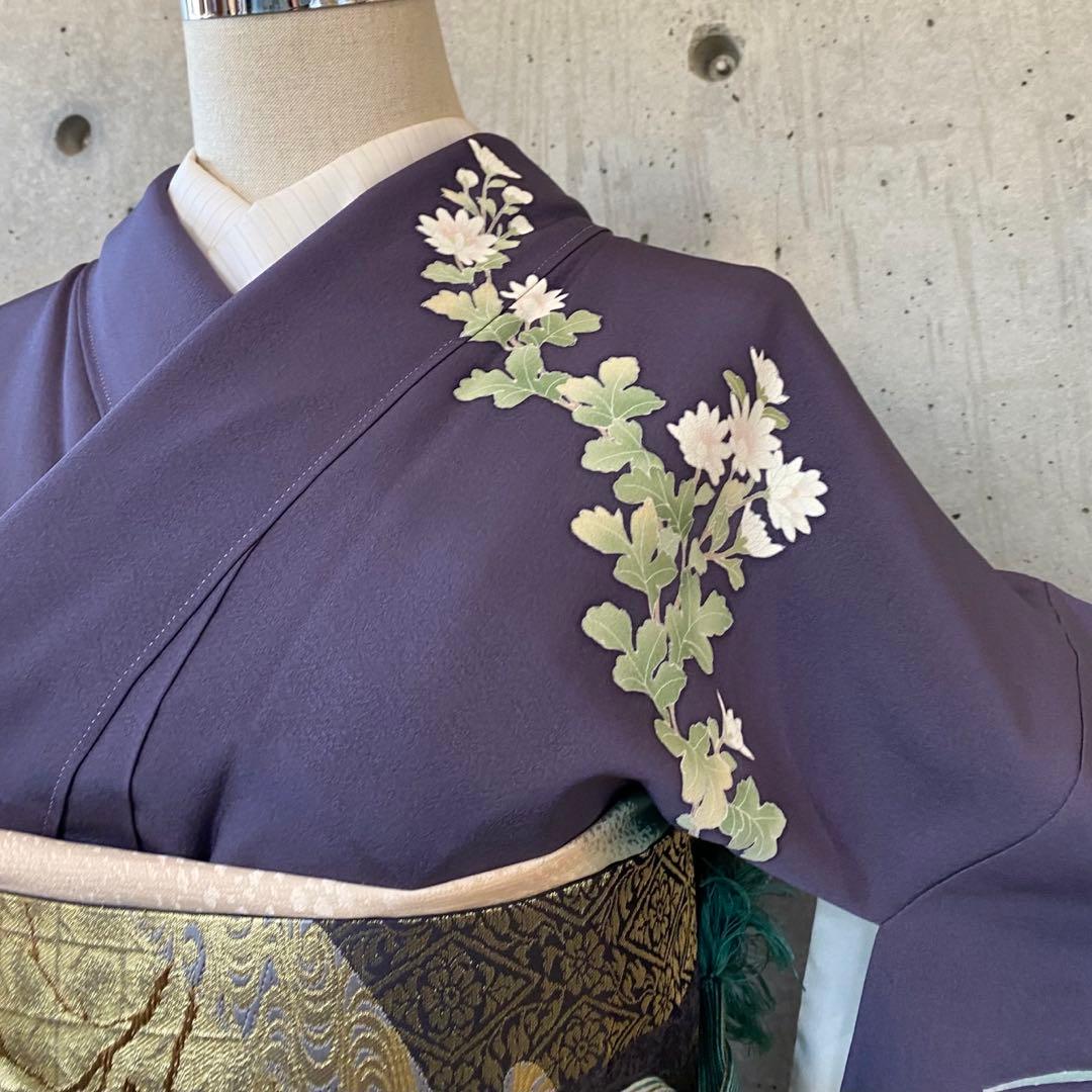 正絹　訪問着　童子柄　落款　一つ紋　紫系　袷