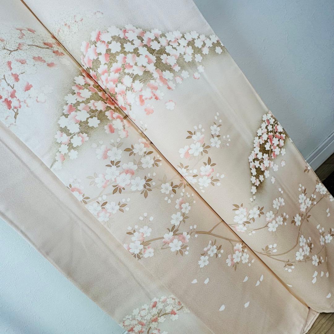 三松　超美品　正絹　袷　訪問着　着物　166裄67.5 桜色　トールサイズ