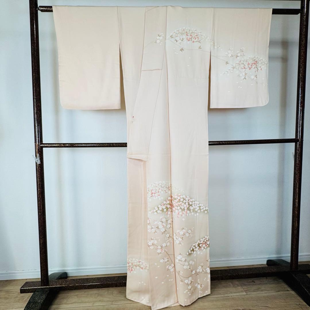 三松　超美品　正絹　袷　訪問着　着物　166裄67.5 桜色　トールサイズ