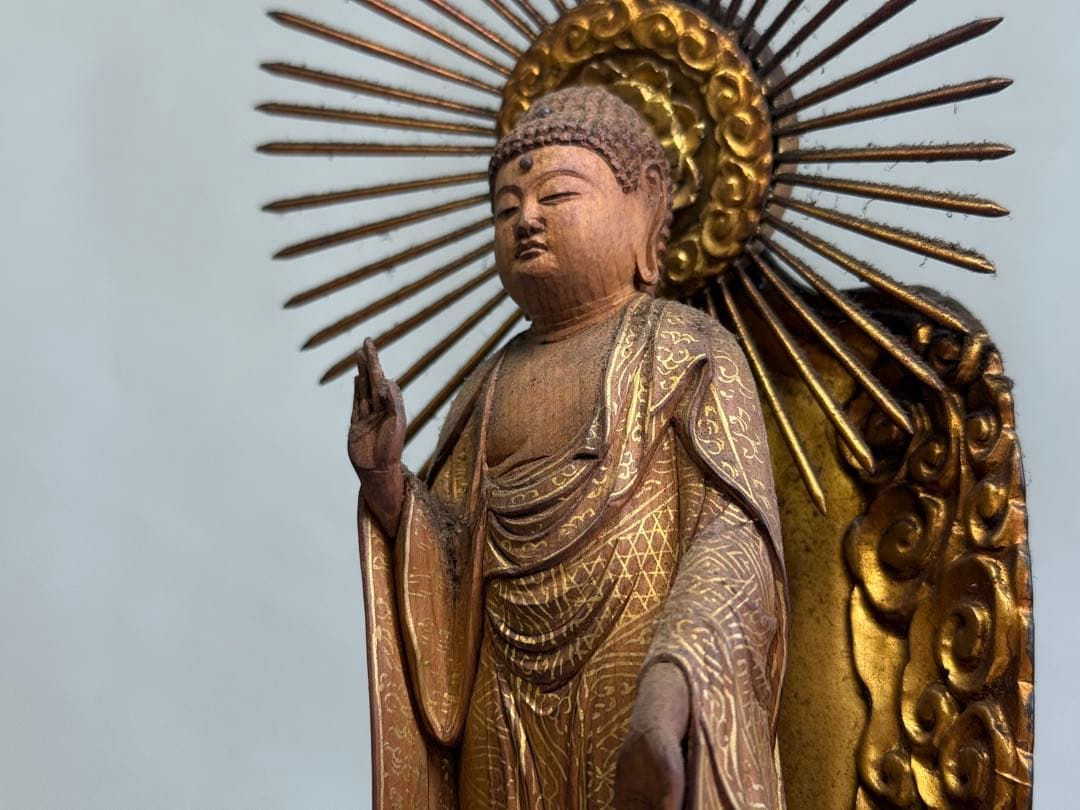 T 仏教美術 木彫金彩手仏像 阿弥陀如来立像 高さ34㎝ 浄土宗 浄土真宗