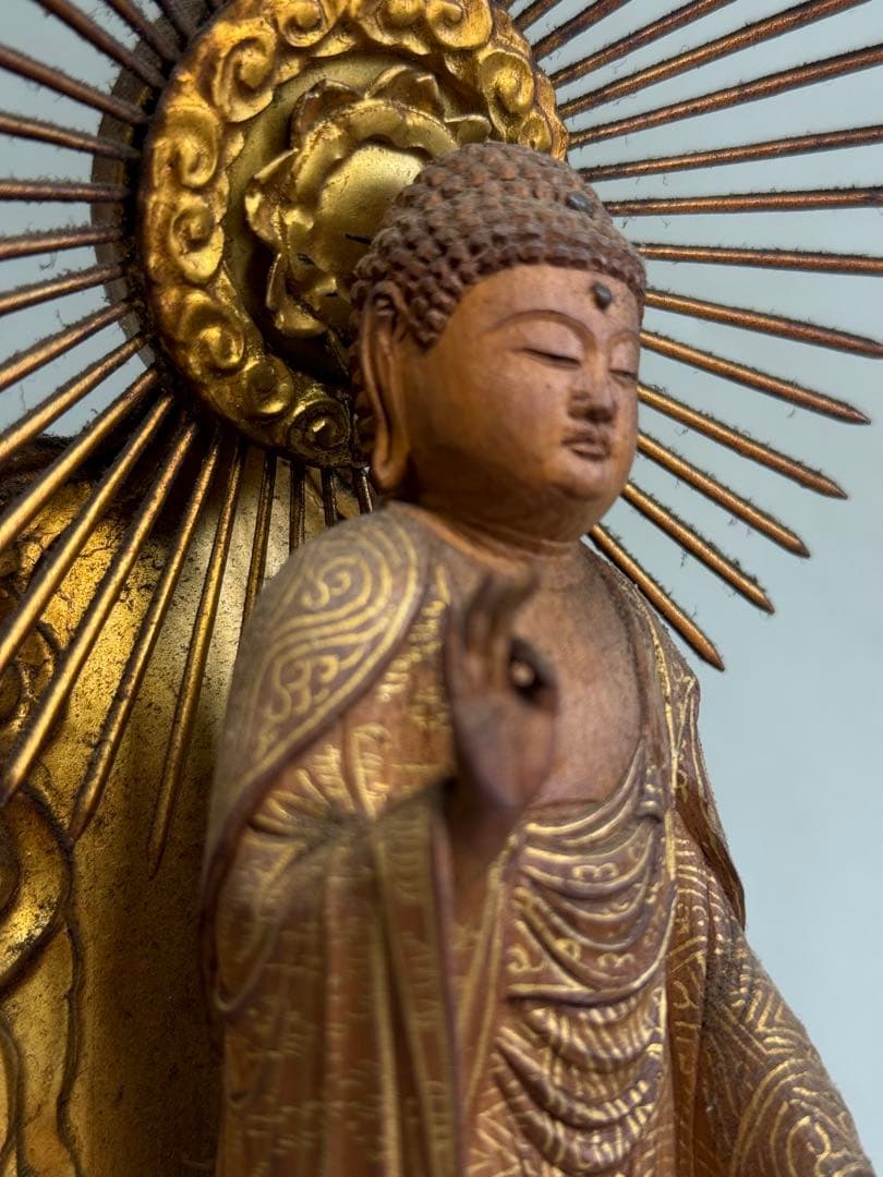 T 仏教美術 木彫金彩手仏像 阿弥陀如来立像 高さ34㎝ 浄土宗 浄土真宗