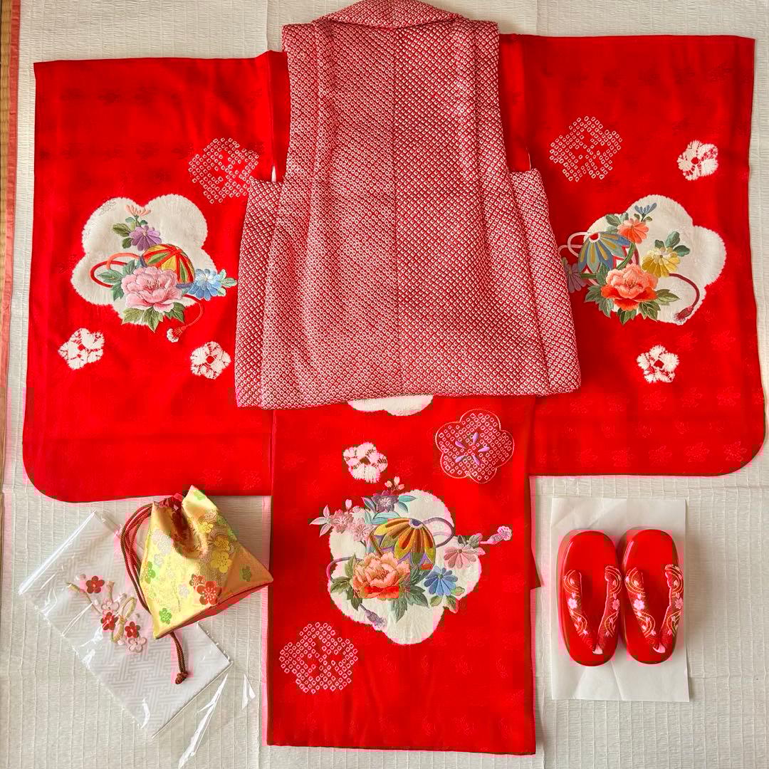 七五三 3歳 フルセット 着物 正絹 総絞り 被布 刺繍 三歳 赤 草履 753
