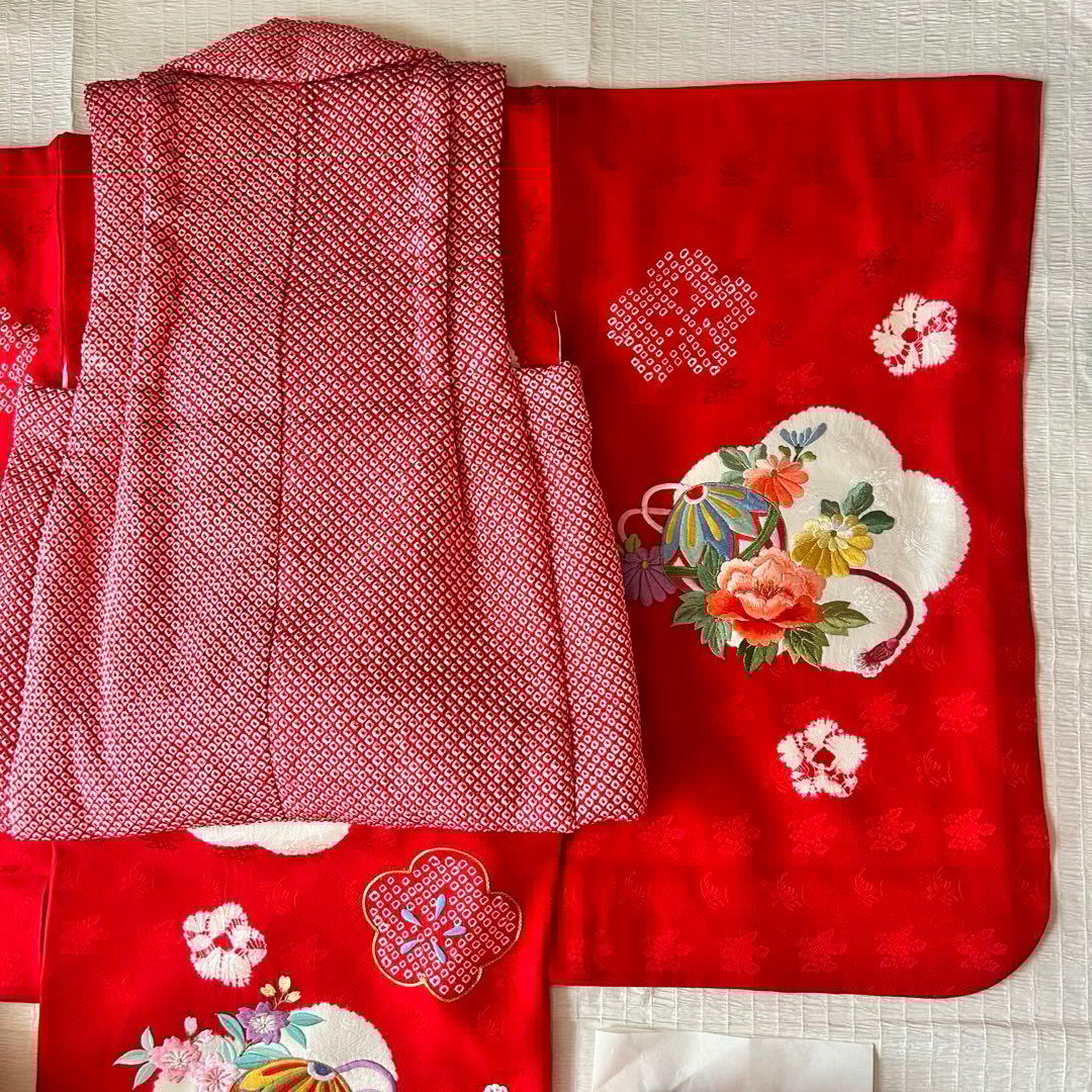 七五三 3歳 フルセット 着物 正絹 総絞り 被布 刺繍 三歳 赤 草履 753