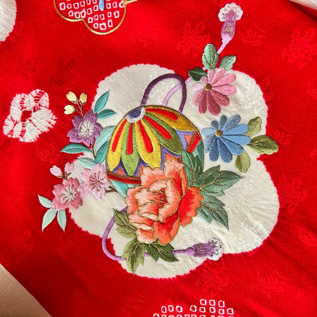 七五三 3歳 フルセット 着物 正絹 総絞り 被布 刺繍 三歳 赤 草履 753