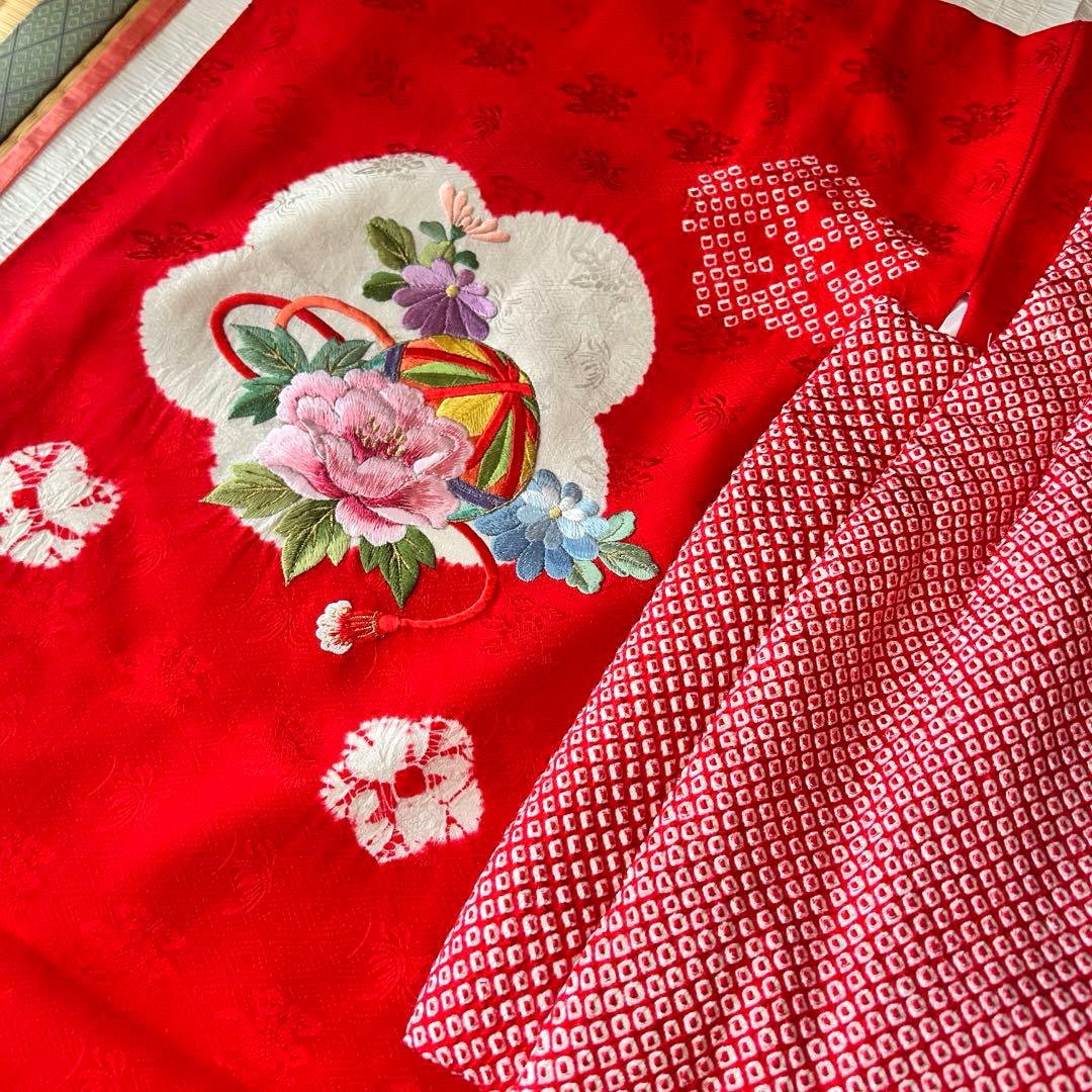 七五三 3歳 フルセット 着物 正絹 総絞り 被布 刺繍 三歳 赤 草履 753
