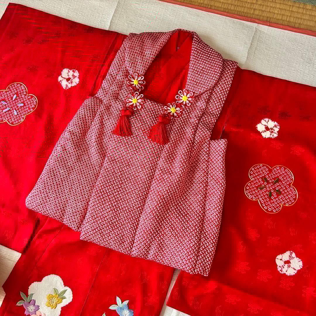 七五三 3歳 フルセット 着物 正絹 総絞り 被布 刺繍 三歳 赤 草履 753